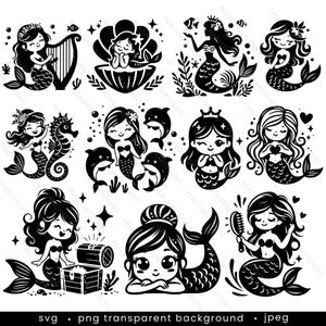 Lot mignon sirène Svg - 11 modèles. Fichiers de coupe sirène, clipart sirène, silhouette de sirène, sirène png, sirène coupe des fichiers pour cricut