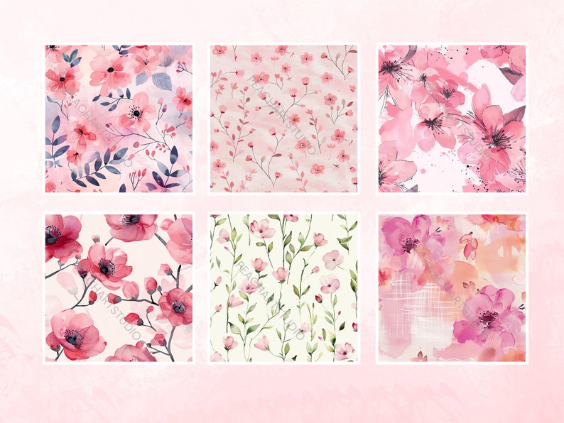 20 Pink Watercolor Floral Printable Paper Seamless Shabby Chic Instant ...