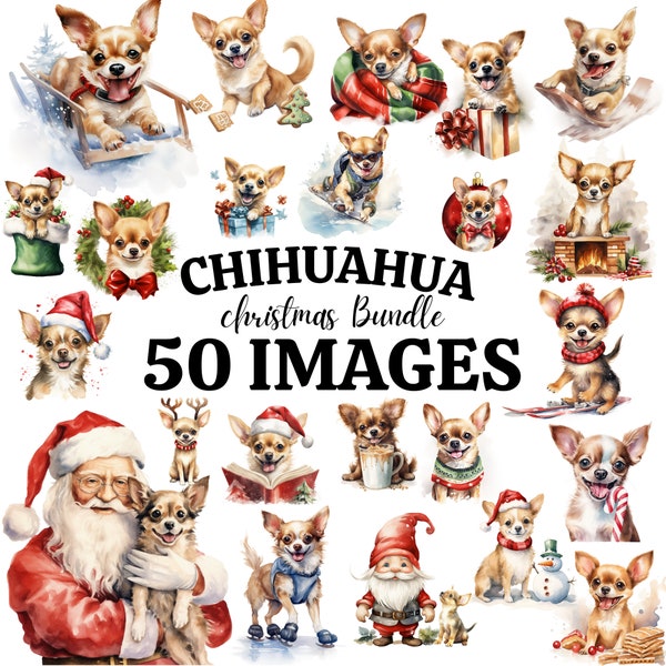 Christmas Dogs Watercolor Clipart Bundle- 50 PNG Festive Chihuahua, Cozy Holiday Puppy Graphics, Instant Digital Download, Commercial Use