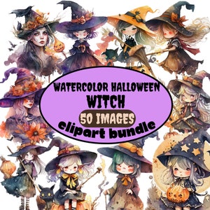 Halloween Watercolor Witch Clipart Bundle - 50 designs, Cute Halloween Watercolor Clipart Bundle, Witch Clipart, Black Cat, Commercial use