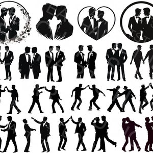 gay couple logo, two men gay lovers logo for wedding invitations and graphics, two gays dancing together, two grooms, grooms holding hand, cake top for gay wedding, two guys in love silhouette vector image svg scalable