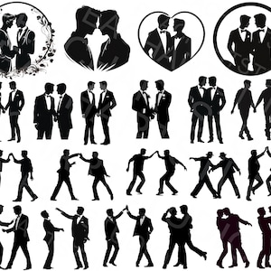 gay couple logo, two men gay lovers logo for wedding invitations and graphics, two gays dancing together, two grooms, grooms holding hand, cake top for gay wedding, two guys in love silhouette vector image svg scalable