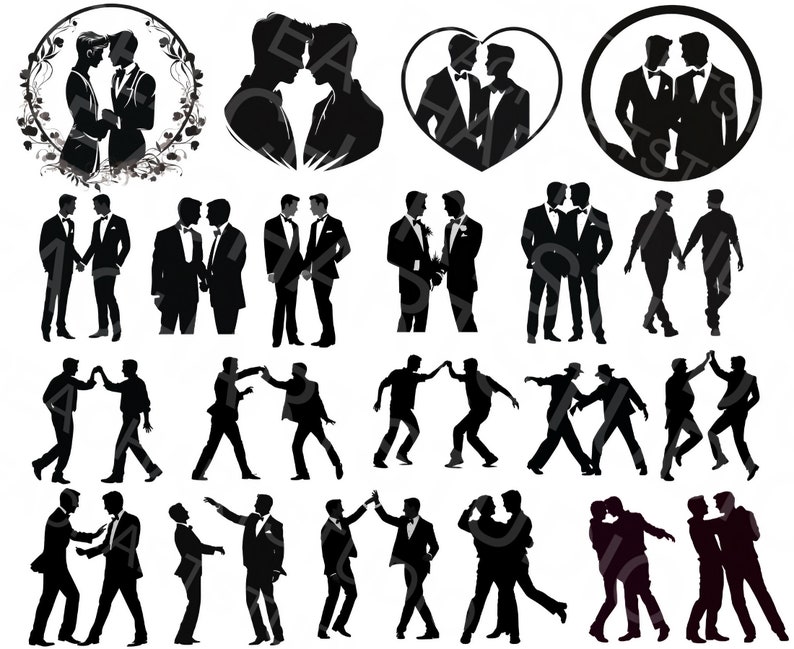 gay couple logo, two men gay lovers logo for wedding invitations and graphics, two gays dancing together, two grooms, grooms holding hand, cake top for gay wedding, two guys in love silhouette vector image svg scalable