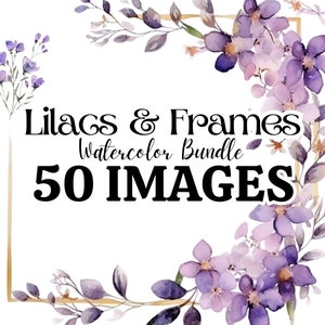 Paquete de imágenes prediseñadas de acuarela con marco de flores lilas - 50 imágenes / Flor violeta púrpura brillante Veri Pery / Conjunto de imágenes prediseñadas florales / Invitaciones de boda