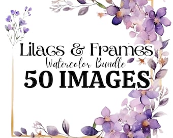 Lilac flower frame watercolor clipart bundle - 50 images | Purple Violet Flower Bright Veri Pery | Floral clip art Set | Wedding Invitations
