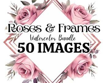 Paquete de imágenes prediseñadas de rosas y marcos de acuarela - 50 imágenes Png / Jpeg / Flores / Invitación de boda / Blush Pink Roses Clip Art / Uso comercial