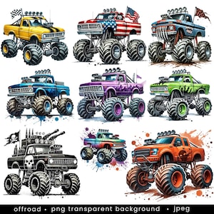 Watercolor Monster truck clipart bundle - 20 designs. Monster Truck png, Extreme Offroad Vehicle Clipart, Commercial Use, Digital Download
