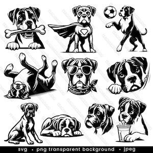 Boxer SVG-clipartbundel -10 ontwerpen. Boxer hond clipart, hond silhouet, hond moeder SVG, boxer gluren, commercieel gebruik, digitale download Cricut