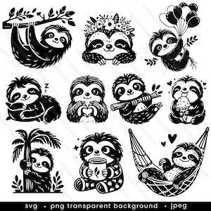 Niedliches Faultier Clipart Bundle - 10 Designs, druckbare Faultier Illustration, hängendes Faultier svg, Faultier schneiden Datei, Faules Faultier svg, Faultier Vektor
