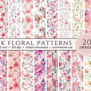 20 Pink Watercolor Floral Printable Paper Seamless Shabby Chic Instant Digital Download Floral Wildflower Scrapbook Junk Journal Paper JPG