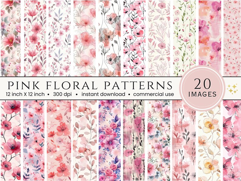 20 Pink Watercolor Floral Printable Paper Seamless Shabby Chic Instant ...
