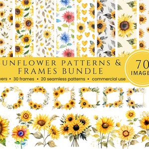 Sunflower Clipart Bundle - watercolor Sunflower frame, sunflower pattern, Sunflower Sublimation, Sunflower Drawing, Flower Clipart