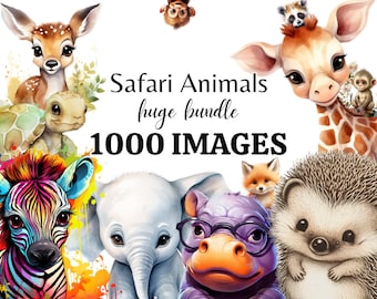 Safari Animals Clipart Bundle - 1000 images, Watercolor Baby Animal PNGs for Nursery Decor, Baby Shower Files, Digital Prints Commercial Use