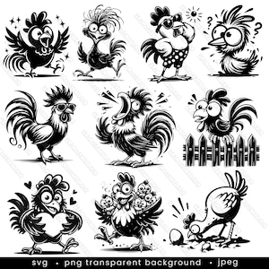 Crazy Huhn geschnitten Datei - 10 designs, Hahn Clipart, Huhn Vektorbild, lustiges Huhn Silhouette, Küken svg, Sublimationsdesign