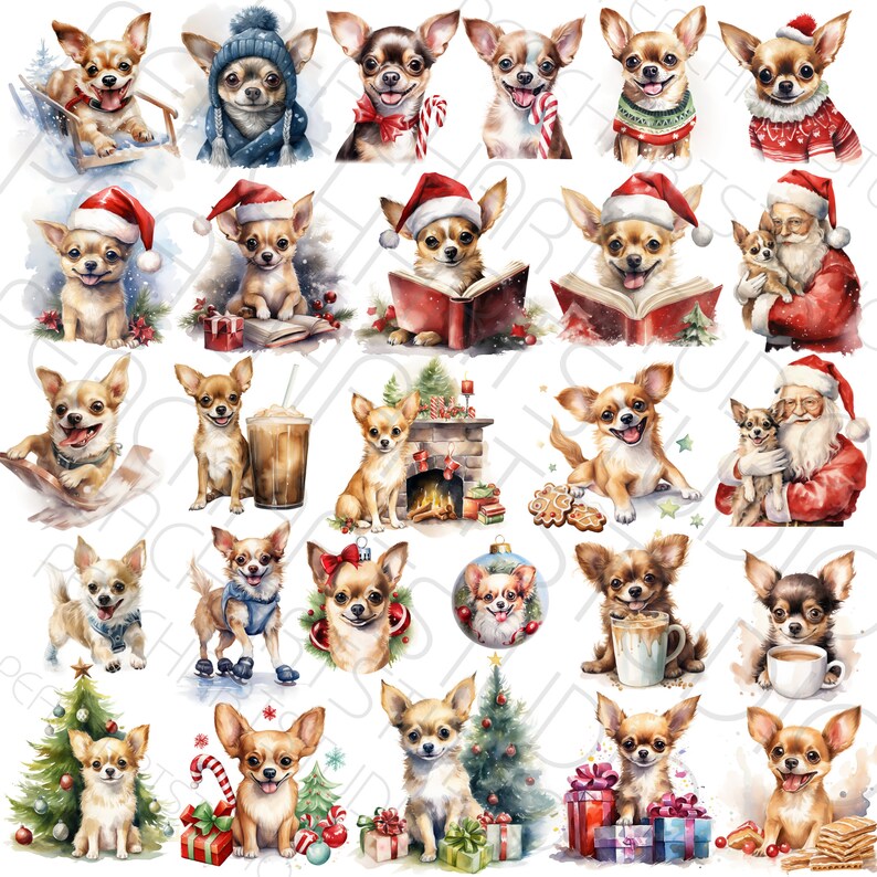 Christmas Dogs Watercolor Clipart Bundle 50 PNG Festive Chihuahua, Cozy ...