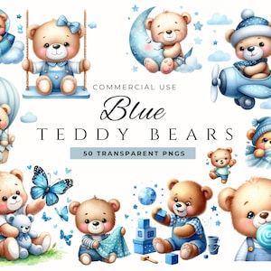 Aquarelle ours en peluche bleu Clipart baby shower, ours en peluche mignon, baby shower bleu, décoration de chambre d'ours en peluche, clipart bébé - usage Commercial