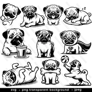 Pug SVG Clipart Bundle - 10 designs. Cute Pug Dog Clipart Set for Cricut Silhouette | Pug Lover Gifts | Digital Download | Commercial Use