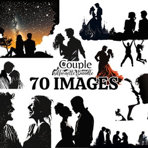 Paquete de imágenes prediseñadas de siluetas de pareja en formato SVG y PNG, 70 archivos de corte para Cricut: aniversario, amantes, San Valentín, descarga instantánea, uso comercial