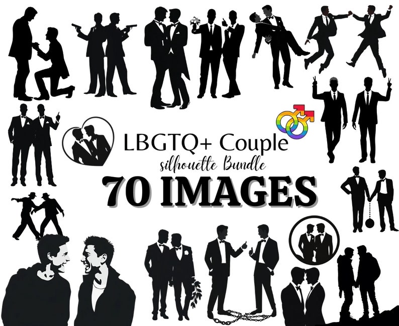 LGBTQ+ couple silhouettes cricut cut files vector black and white svg, easy designs and edit, cute gay couple graphic, funny groom and groom svg, ball n chain gay joke svg, gay couple doing peace sign svg, gay couple in love and laughing vector image