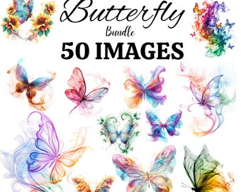 Paquete de imágenes prediseñadas de mariposas de humo - 50 diseños jpeg\png / Nature Clipart / Pegatinas / Uso comercial / Arte místico abstracto / Imprimible
