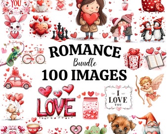 Valentine’s day Romance Bundle - 100 PNG Romantic Hearts Love Clip Art Images, Love Day Graphics, Instant Download Gifts,  Commercial Use.