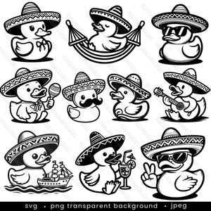 Duck With Sombrero Svg & Png - 10 designs, Rubber Duck Clipart, Duck Vector Image, Bath Duck Silhouette, Sublimation Design, Duck Cut File