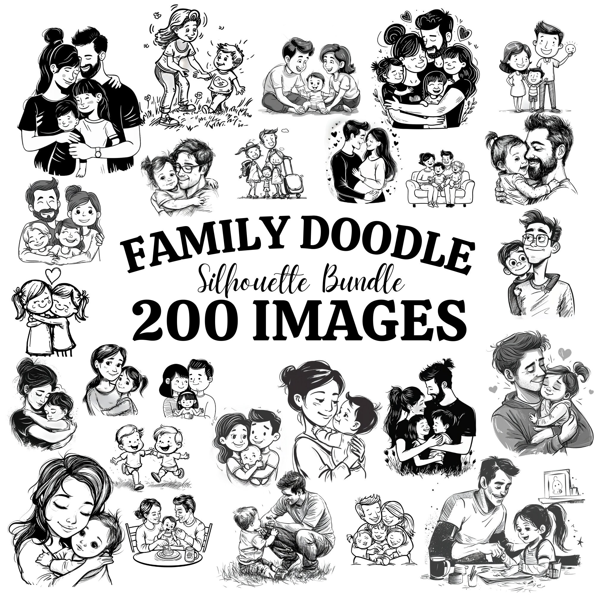 Family doodle SVG PNG Bundle, Family Clipart, Fathers Day svg, Family Silhouette, Family SVG Cut Files for Cricut ,Father and Children svg