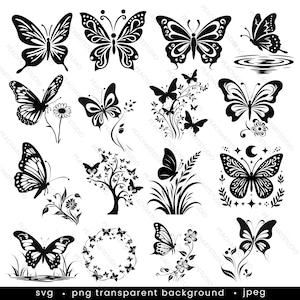 Paquete de imágenes prediseñadas de mariposa - 50 mariposas silueta Clip art Vector Cricut JPEG PNG SVG archivos - Mariposas imprimibles uso comercial