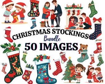 Medias de Navidad PNG y SVG Clipart Bundle - 50 imágenes / lindo calcetín festivo de invierno / Media roja / Descarga instantánea para uso comercial.