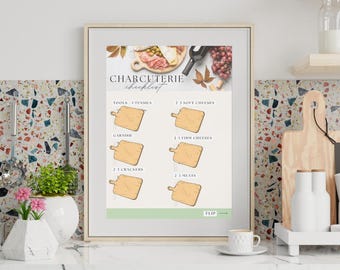 Könnte beinhalten: Eine druckbare Checkliste zum Erstellen eines Käse- und Wursttellers. Die Checkliste enthält Kategorien für Werkzeuge, Utensilien, Garnitur, Weichkäse, Hartkäse, Cracker und Fleisch. Die Checkliste ist so konzipiert, dass sie ausgedruckt und als Leitfaden für die Erstellung eines Käse- und Wursttellers verwendet werden kann.