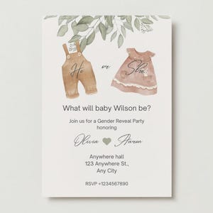 Gender Reveal Invitation | He or She Baby Shower Invite | Rustic Boho Editable Template | Digital Download