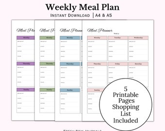 Weekly Meal Planner Printable: Colorful Food Plan, Shopping List (A4-A5 Digital Download)