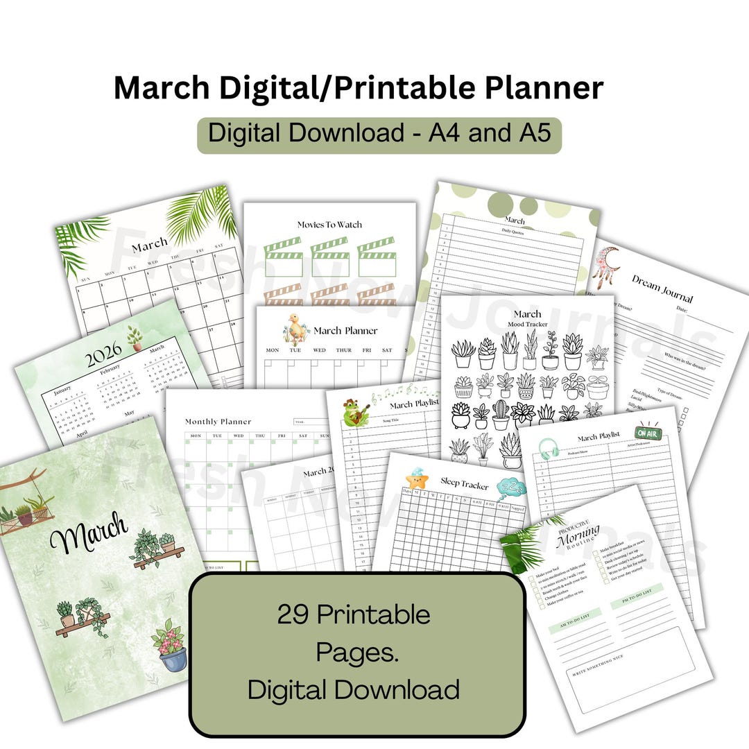 March 2026 Monthly Planner Green Nature, Daily, Weekly, Digital