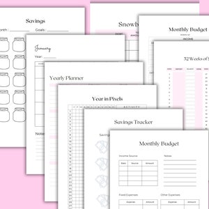 May include: Printable budget planner pages with sections for monthly budget, savings tracker, yearly planner, and 52 weeks of savings. The pages are designed with a simple, clean aesthetic and include headings for income, expenses, and goals.