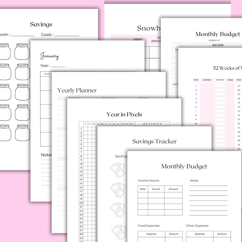 May include: Printable budget planner pages with sections for monthly budget, savings tracker, yearly planner, and 52 weeks of savings. The pages are designed with a simple, clean aesthetic and include headings for income, expenses, and goals.
