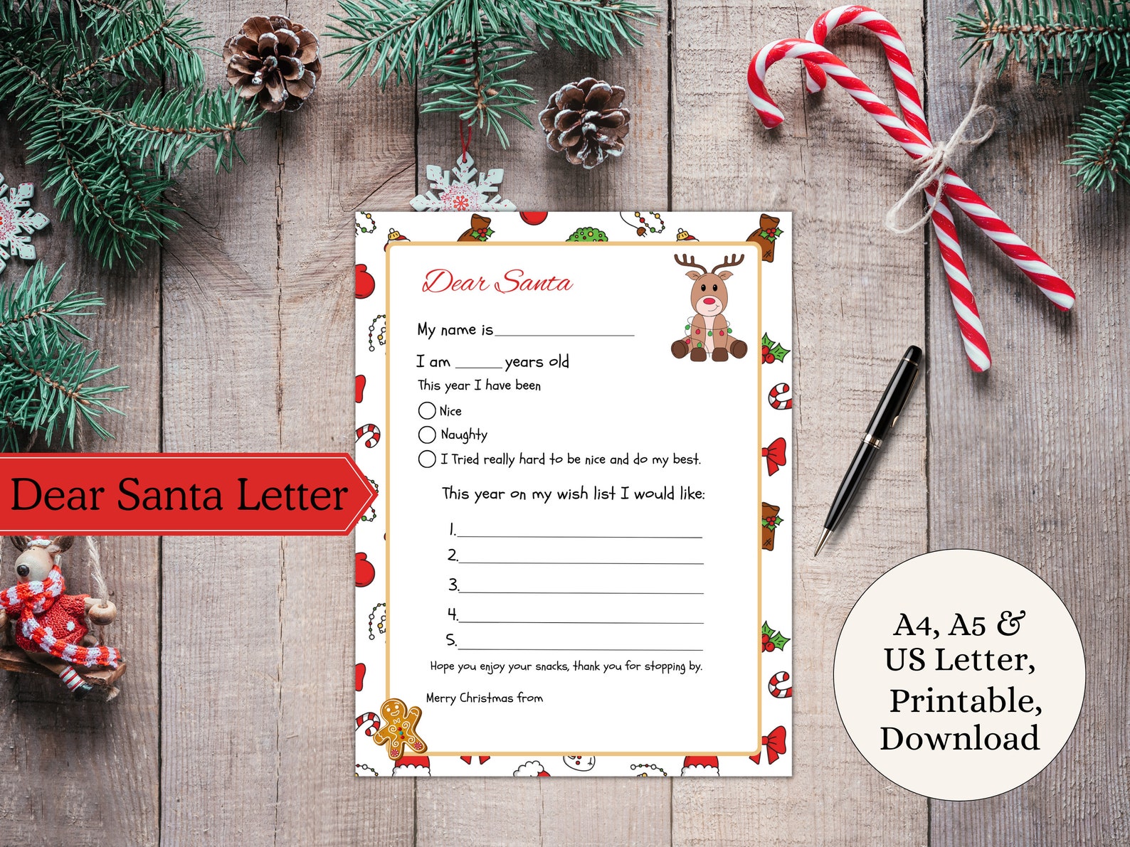 Printable Dear Santa Letter | Kids Christmas Wish List (digital) - Etsy