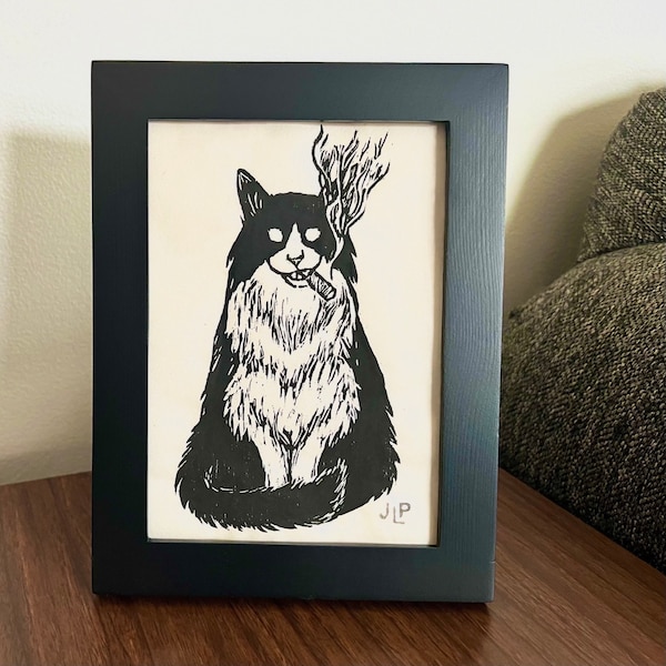 Smoking Cat 5x7 - Woodblock print