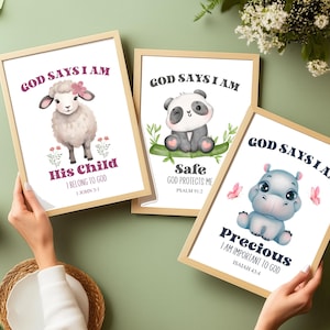 Gott sagt, ich bin, christliche Kinderzimmerdrucke, Bibeldruck, digitale Wandkunst, Kinderwandkunst, Kinderzimmerdekor, Schriftdrucke, Babypartygeschenk.