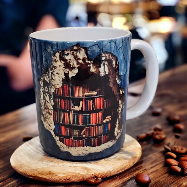 3D library hidden book shelf coffee mug 15oz, bookworms, librarian gift, reader gift, gift for book lover, gift for her, gift for him.