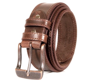 Full-Grain Buffalo Leather Belt, Antique Copper Buckle, 1.5'' Width, USA Amish Handmade
