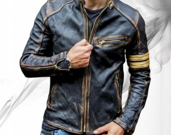 Distressed Sheepskin Leather Cafe Racer Jacket - Vintage Style