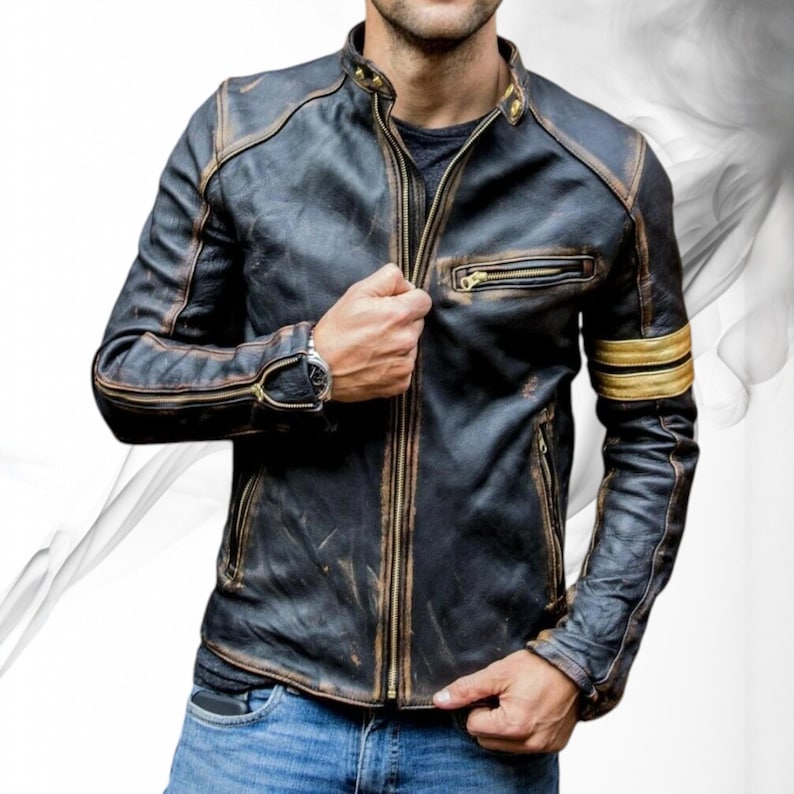 Distressed vintage look cafe racer Style leather jacket