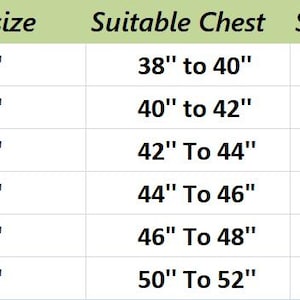 May include: A size chart for clothing, with measurements in inches. The chart includes chest size, suitable chest, shoulder width, length, and sleeve length for sizes small through 3 extra large.