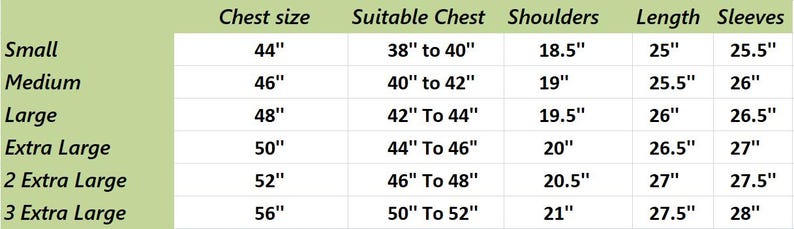 May include: A size chart for clothing, with measurements in inches. The chart includes chest size, suitable chest, shoulder width, length, and sleeve length for sizes small through 3 extra large.