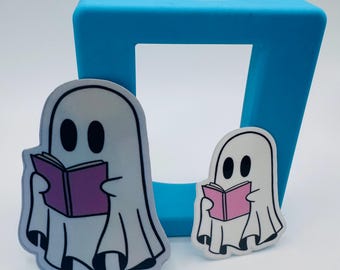 Ghost Reading Book Sticker, Spooky Bookworm Vinyl Decal