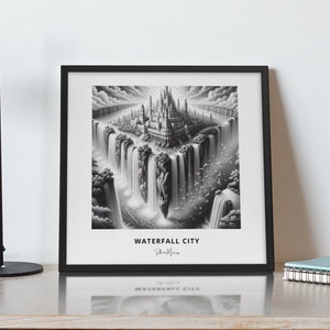 Surreal Waterfall City Framed Print, M.C. Escher Inspired Modern Wall Art