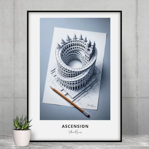Surreal Optical Illusion Print, M.C. Escher Inspired Modern Wall Art, Ready to Frame