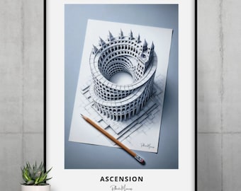 Surreal Optical Illusion Print, M.C. Escher Inspired Modern Wall Art, Ready to Frame