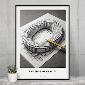 Optical Illusion Print &quot;The Edge of Reality&quot;, M.C. Escher Inspired Modern Wall Art, Ready to Frame
