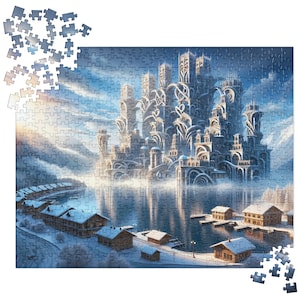 May include: A fantasy illustration of a large, intricate, ice castle with a village at the base. The castle is made of ice and snow, and it has many towers and spires. The village is made of wooden houses, and it is covered in snow.